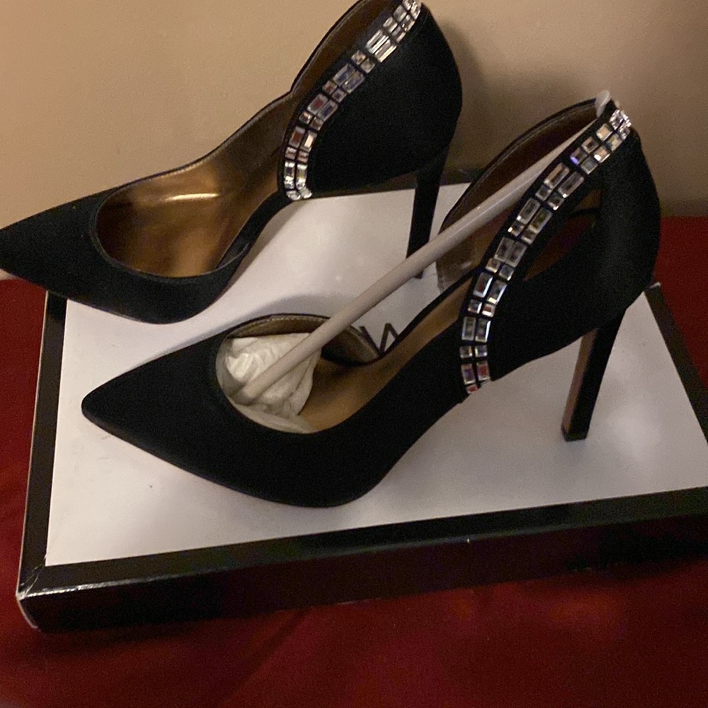 9 West Black satin pump heels silver rhinestones